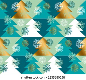 Abstract concept Christmas tree geometric seamless pattern. Gold and green xmas luxury repeatable motif for wrapping paper, background, winter design projects.
