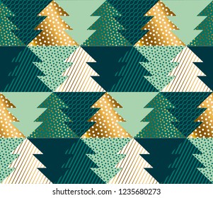 Abstract concept Christmas tree geometric seamless pattern. Gold and green xmas luxury repeatable motif for wrapping paper, background, winter design projects.
