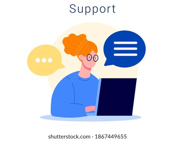 Abstract concept of client, customer support. Call center woman worker character wearing headphones and working on laptop computer. Cartoon flat vector illustration with fictional characters