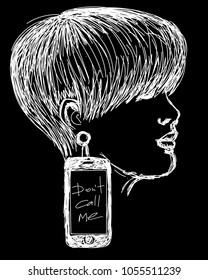 Abstract concept composition with a beautiful woman with phone like earrings. Art vector on black background. Template for card, poster, banner, print for t-shirt.