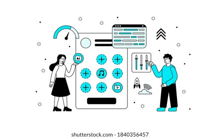 Abstract concept of creating new mobile applications. Flat minimal style outline vector illustration with fictional characters.