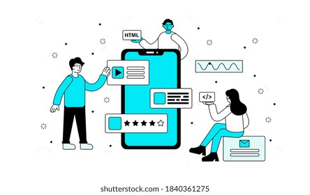 Resumen del concepto de crear nuevas aplicaciones móviles con un grupo de jóvenes desarrolladores de TI. Ilustración vectorial de contorno de estilo mínimo plano con caracteres ficticios.