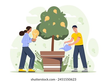 Abstract concept of creative idea. Two people cultivating a tree with lightbulbs as fruit, symbolizing idea growth, in flat design on a plain background. Vector illustration