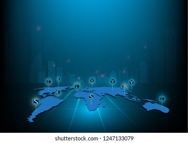 abstract concept currency earth smart city icon blue background