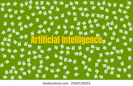 Abstract Concept Design Featuring Artificial Intelligence and AI Keywords.  Green background showcasing repeated white text and yellow main idea shows technology advancements and concepts.