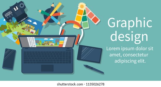 Abstract concept of development of graphic design. Flat design style, vector illustration. Workplace designer with modern equipment digital devices to photograph. Software processing photo.