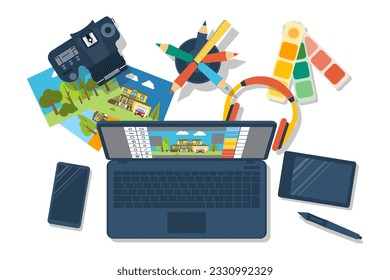 Abstract concept of development of graphic design. Flat design style, vector illustration. Workplace designer with modern equipment digital devices to photograph. Software processing photo.