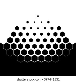 Abstract concept of dissolution. Black and white scheme of erosion. Vector illustration. Hexagonal particles. Monochrome scientific background.