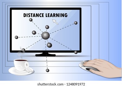Abstract concept of distance learning, online self education, home schooling, computer screen and mouse, coffee cup. Vector illustration