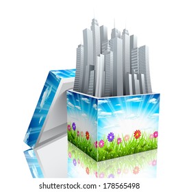 Abstract concept with downtown district and box.