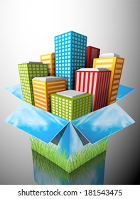 Abstract concept with downtown district and box.