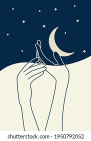 Abstract concept of female hands with stars and moon. Magical concept for stories, print, packaging, cosmetic, tattoo. Linear illustration women's hands in night sky. Vector elegant female hands.