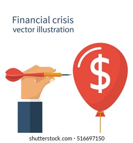 Abstract concept financial crisis. Financial collapse, crash. Economy problem: recession, inflation, bankruptcy. The loss of income. Capital lost. Darts in hand, pierce balloon. Vector flat design.