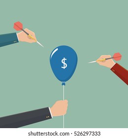 Abstract concept financial crisis. Financial collapse, crash. Economy problem: recession, inflation, bankruptcy. The loss of income. Capital lost. Darts in hand, pierce.
