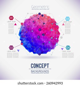 Abstract concept geometric lattice, the scope of molecules, molecules in the hexagon. Round composition of the molecular lattice with geometrical figure. Color composition vector for your design.