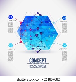 Abstract concept geometric lattice, the scope of molecules in the hexagon. Round composition of the molecular lattice with geometrical figure in the middle. Color composition vector for your design.