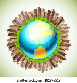 Abstract concept with globe and buildings.