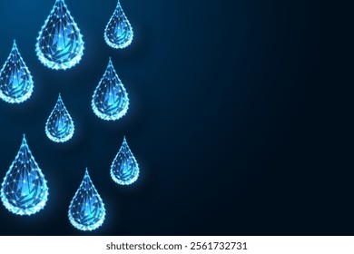 Abstract concept of glowing polygonal water drops on dark blue background. Conservation, hydration, purity, and sustainability. Environment web banners. Futuristic low-poly style vector illustration.