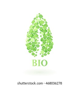 The abstract concept of a green bulging leaf and the 'BIO' logo on a white background