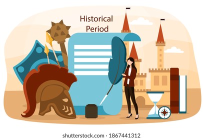 Abstract concept of history science. History school subject. Science and education. Knowledge of past and ancient times. Cartoon flat vector illustration with fictional characters