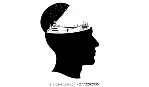 Abstract concept of human mind filled with winter scenery, snow, trees, and stars, representing dreams and creativity.