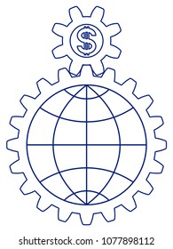 Abstract concept illustration of the gear, globe and dollar symbols