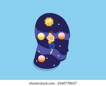 Abstract Concept of Imagination and Inner Universe in the Human Mind 3d isometric vector illustration