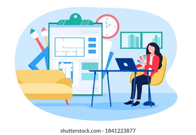 Abstract concept of interior design with a girl designer sitting at the table in her office and working on a laptop. Flat cartoon vector illustration. with fictional character.