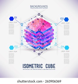 Abstract concept isometric cube, collected from the triangular shapes. Composition of the molecular lattice with geometrical figure in the middle. Color composition vector for your design.