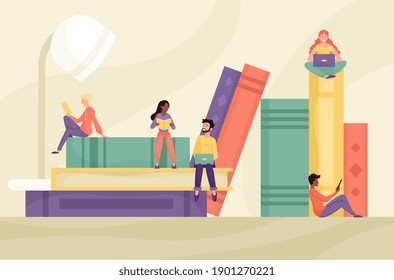 Abstract concept of learning with the help of books and the internet. Flat cartoon vector illustration with fictional multiracial characters