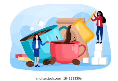 Abstract concept of making coffee. With giant mugs, cezve and other utensils, and tiny young women making coffe. Flat cartoon vector illustration with fictional characters.