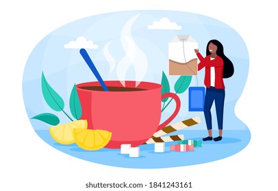 Abstract concept of making tea. With giant mug, lemon slices, other utensils, and tiny young woman holding huge tea bag. Flat cartoon vector illustration with fictional character isolated on white.