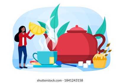 Abstract concept of making tea. With sugar lamps, giant mug, teapot, other utensils, and tiny young woman drinking tea. Flat cartoon vector illustration with fictional character isolated on white.