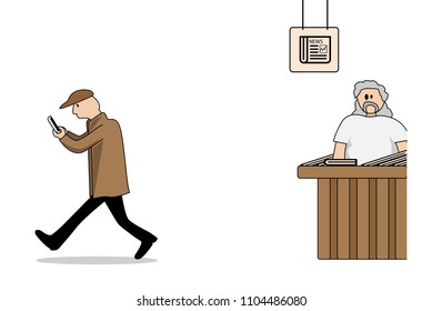 Abstract concept, A man is reading content mobile and walking pass the newspaper shop, Minimal technology background. vector illustrator