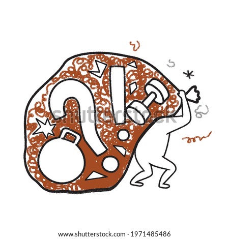 Abstract concept of mental and emotional baggage. Illustration of a person carrying a large bag of weights, question, worries, stress, distractions, mess, etc over their shoulder. 