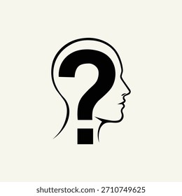 Conceito abstrato da mente ponderando, apresentando uma silhueta de cabeça com um grande ponto de interrogação para questionamento, mistério ou ideias.