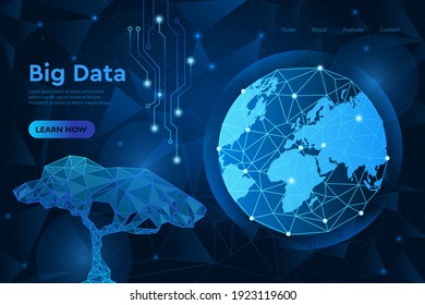 Abstract concept of network connection or big data technology with blue cyber polygon tree and earth planet with futuristic elements. Cartoon vector illustration. Website webpage landing page template