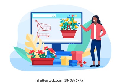 Abstract concept of ordering and delivery of flowers online via the Internet. Flat cartoon vector illustration with fictional characters.