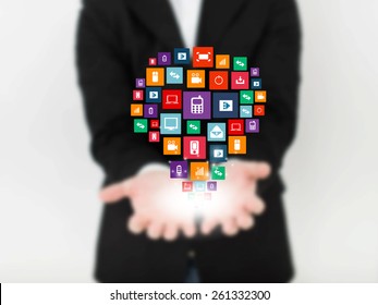 Abstract concept photo of man touching future technology social network button. Digital touch screen of icon for web, mobile application, iIllustration template, business infographic