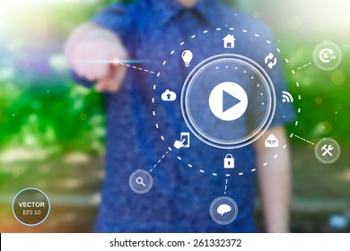Abstract concept photo of man touching future technology social network button. Digital touch screen of icon for web, mobile application, iIllustration template, business infographic