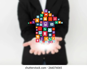 Abstract concept photo of man touching future technology social network button. Digital touch screen of icon for web, mobile application, illustration template, business infographic