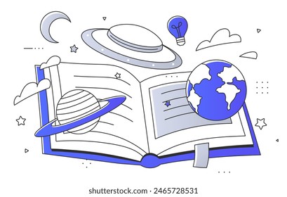 Concepto Abstractas de popularizar la ciencia para los niños, libro abierto con planetas del sistema solar y ovnis. Fantasía, mitos modernos o literatura de ciencia ficción. Ilustración vectorial plana de estilo Line art