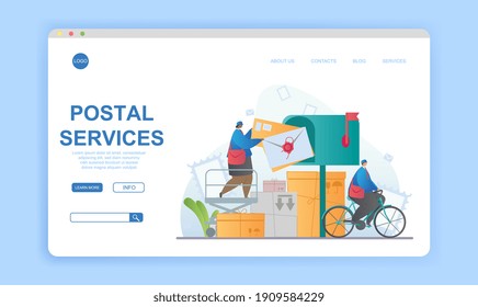 Abstract concept of postal services with fictional characters. Flat cartoon vector illustration. Webpage, website, landing page template. Abstract metaphor