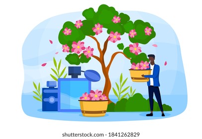 Abstract concept for production of perfume, cologne and cosmetic products with tiny young man standing with basket of flowers next to cologne bottle. Flat vector illustration with fictional characters
