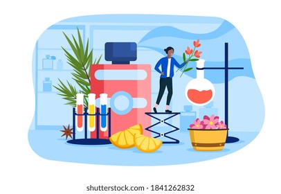 Abstract concept for production of perfume, cologne and cosmetic products with tiny young girl chemist standing with flowers next to flasks and test tubes. Flat cartoon vector illustration