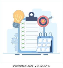 Concepto Abstractas de Gestión de Proyectos. Portapapeles con Calendario y Bombilla Idea. Gestión de proyectos, planificación de recursos y presupuesto. Ilustración de diseño plano sobre fondo.