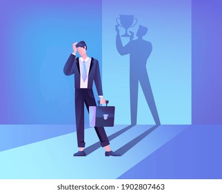 Abstract concept of self belief and self confidence. The businessmans shadow helps him maintain faith in himself. Flat cartoon vector illustration