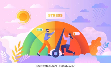 Abstract concept of stress and emotional pressure. People trying to reduce their stress levels. Abstract metaphor. Flat cartoon vector illustration with fictional characters