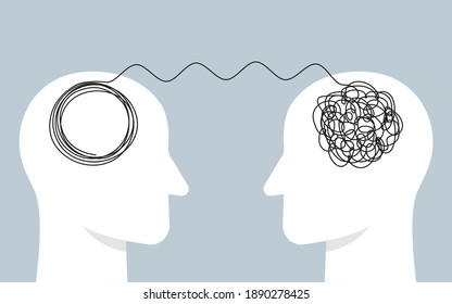 Abstract Concept Tangled Brain, Therapist, Patient. Two Humans Head Silhouette Psycho Therapy Concept. Therapist And Patient. Vector Illustration 