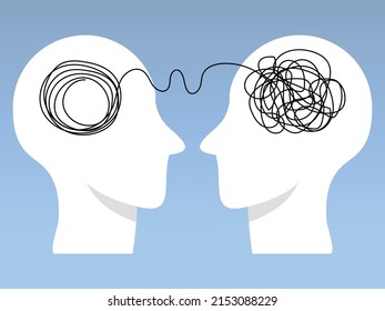 Abstract concept tangled brain, therapist, patient. Two humans head silhouette psycho therapy concept. Therapist and patient. Vector illustration.